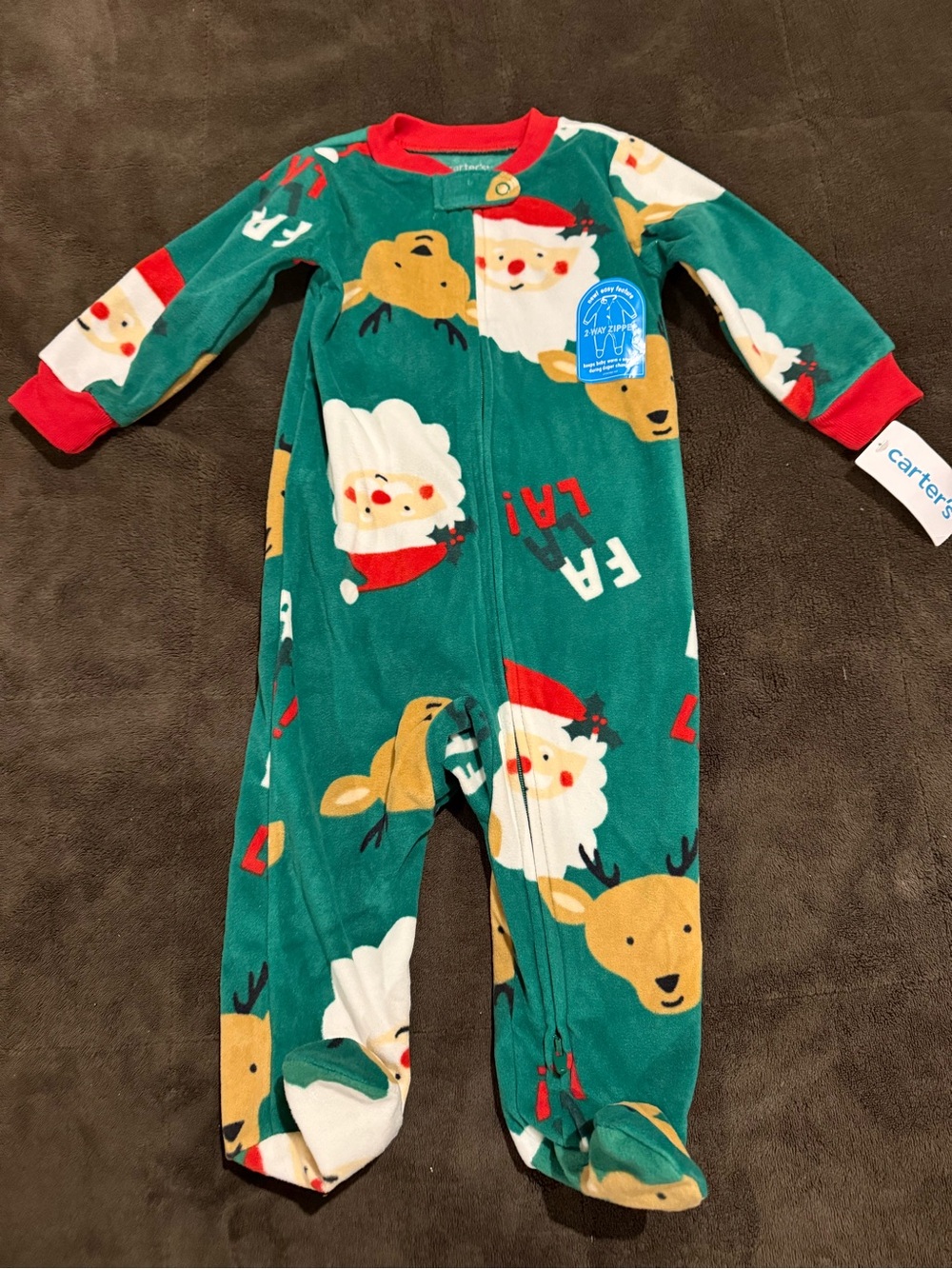 Carter's Green Holiday Santa & Reindeer Fleece Footed One-Piece